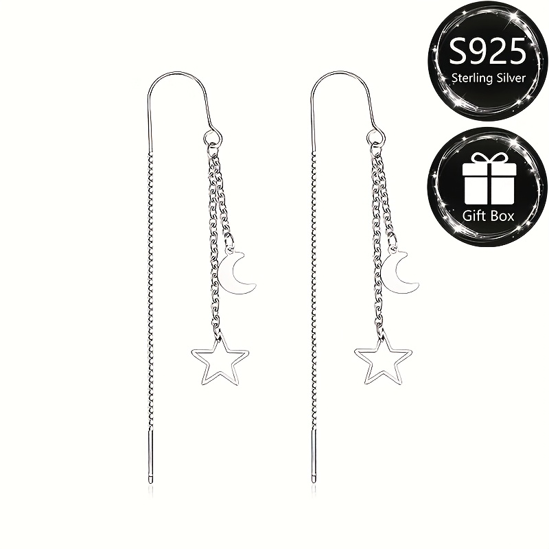 Fashionable S925 Silvery Tassel Long Earrings with Star and Moon Design